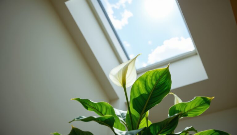 a peace lily under a skylight, Generative AI
