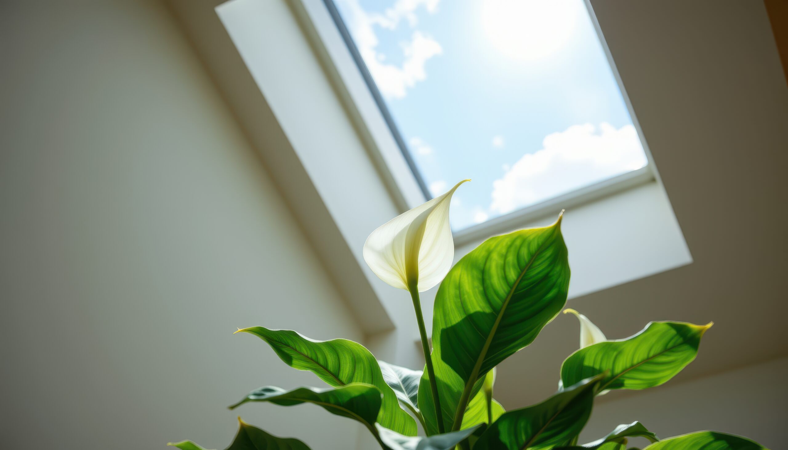 a peace lily under a skylight, Generative AI